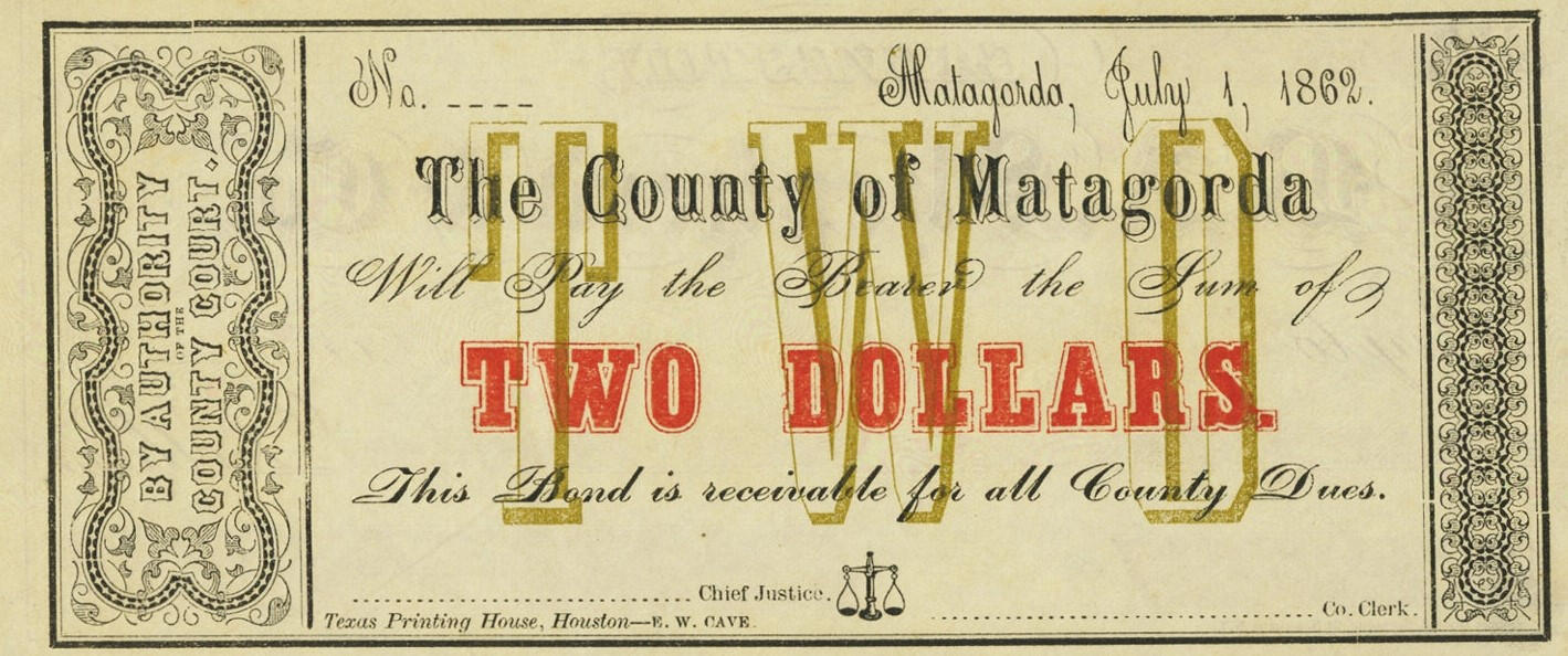 Two Dollars Matagorda County Issued